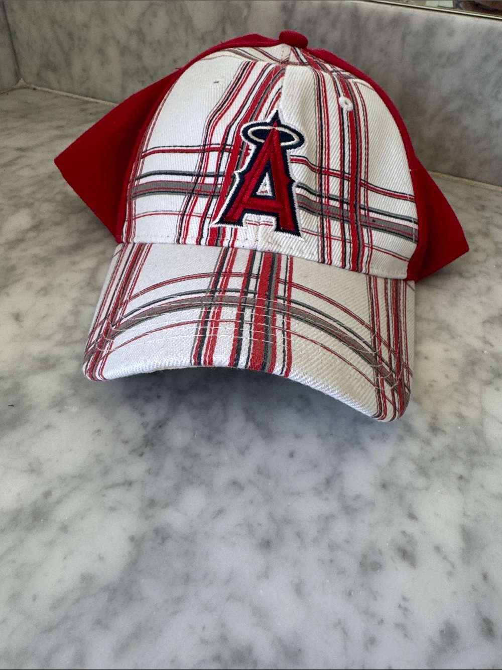 Mens Red and White Plaid Angels Baseball Cap